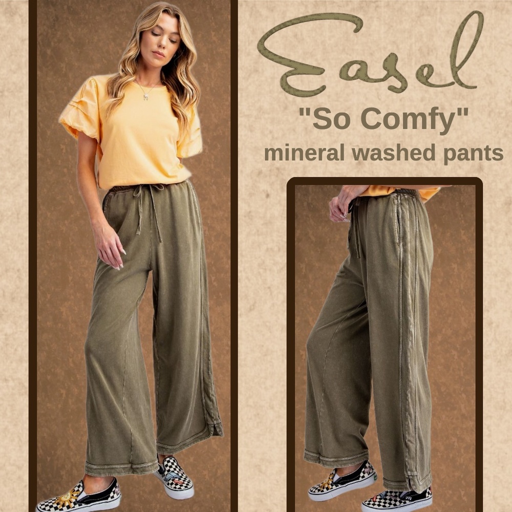 EASEL "So Comfy" Side Seams Scooped Hem Wide Leg Mineral Washed Pants Drawstring